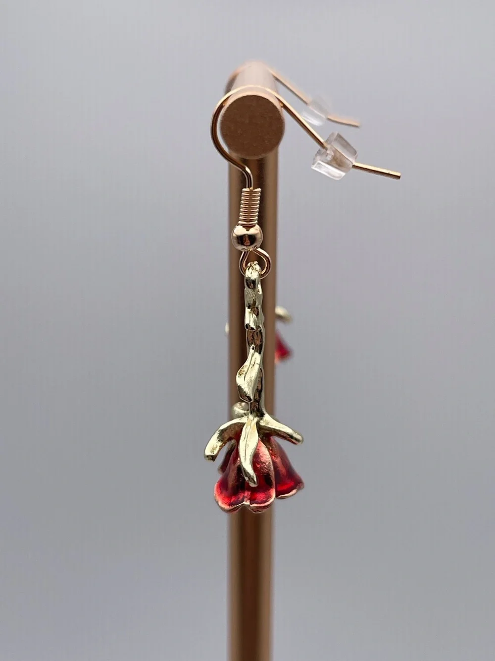 Gold Red Rose Drop Earrings